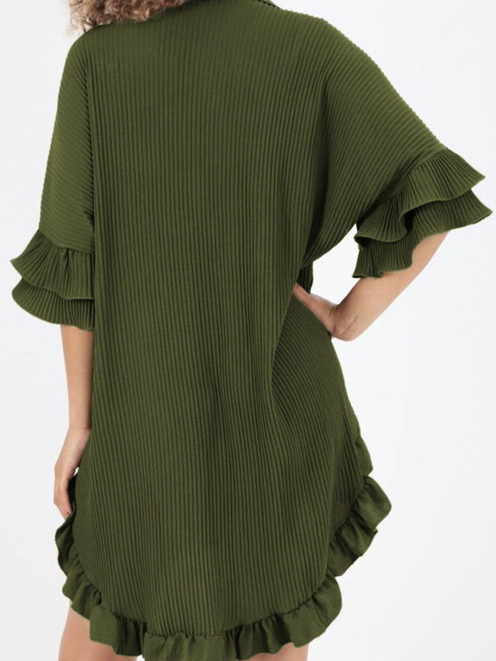 Mossy Green Pleated Shirt Dress with Ruffle Sleeves
