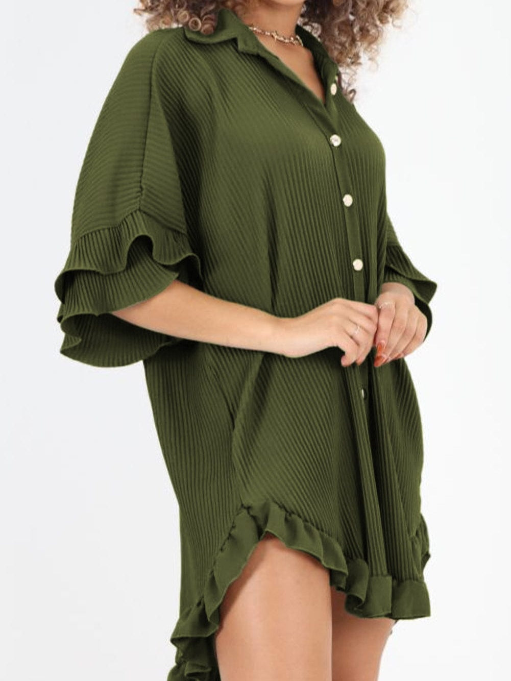 Mossy Green Pleated Shirt Dress with Ruffle Sleeves