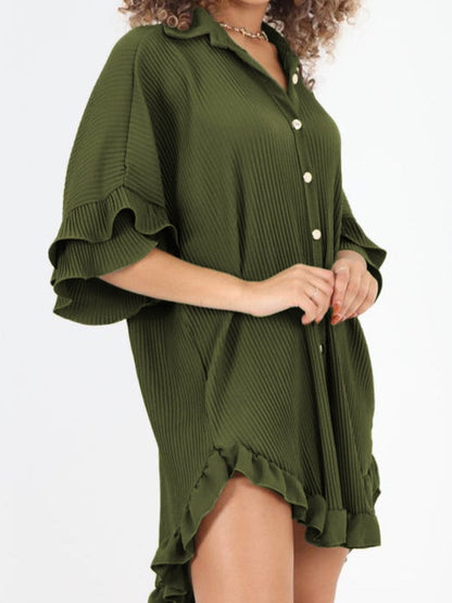 Mossy Green Pleated Shirt Dress with Ruffle Sleeves