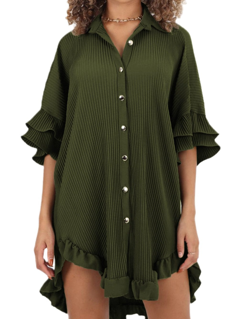 Mossy Green Pleated Shirt Dress with Ruffle Sleeves