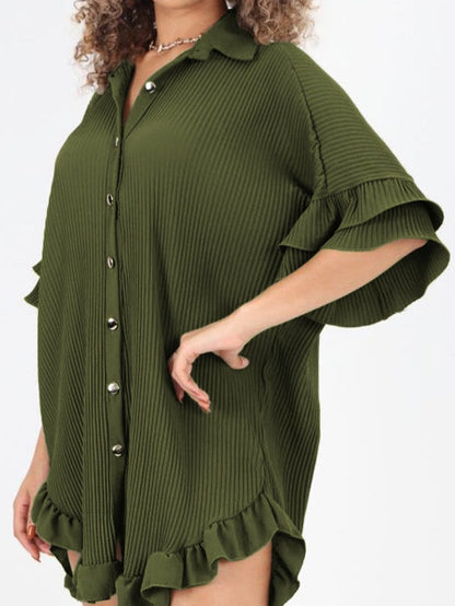 Mossy Green Pleated Shirt Dress with Ruffle Sleeves