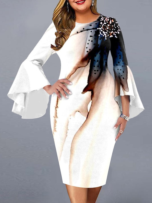 Women's Dress - Plus Size Party Dress Floral Crew Neck Ruffle Long Sleeve Fall Spring Elegant Prom Dress Knee Length Dress Formal Going out Dress / Work Dress / Print