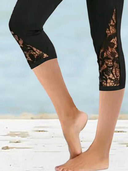 Women's Leggings Polyester Plain Black Casual Daily High Waist Calf-Length Outdoor Yoga Spring & Summer