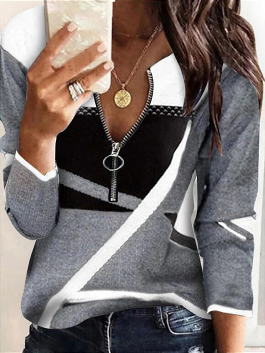 Women's Pullover Jumper Crochet Knit Zipper Geometric V Neck Stylish Casual Outdoor Daily Spring Fall Black White S M L