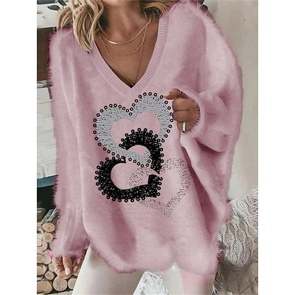 Women's Pullover Sweater Jumper Crew Neck Fuzzy Knit Acrylic Print Drop Shoulder Fall Winter Regular Going out Weekend Stylish Soft Long Sleeve Heart White Pink S M L