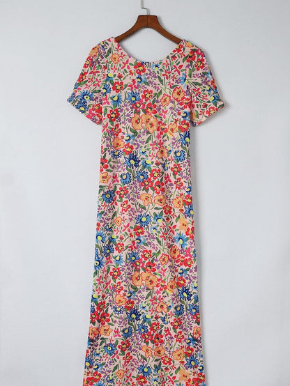 Multicolor Floral Print Holiday Maxi Dress with Ruffle Details