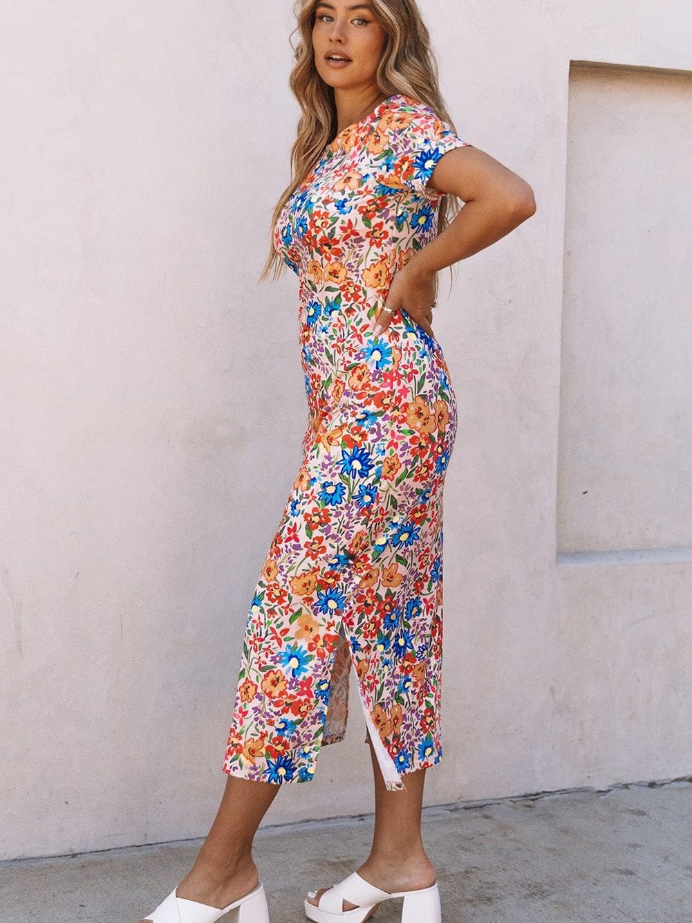 Multicolor Floral Print Holiday Maxi Dress with Ruffle Details