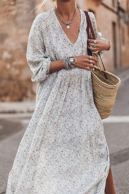 Multicolored Print V-Neck Flowy Split Sleeve Maxi Dress