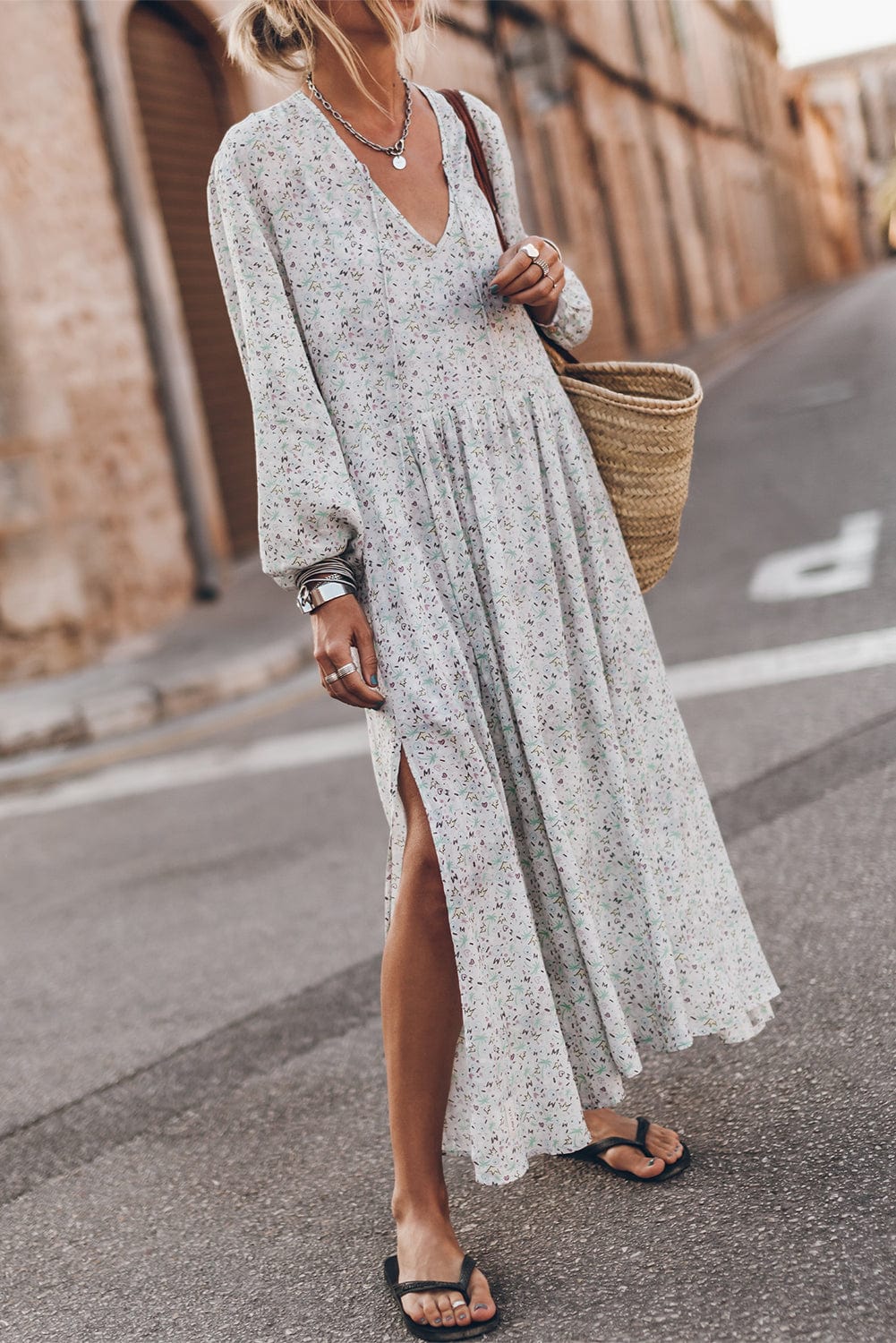 Multicolored Print V-Neck Flowy Split Sleeve Maxi Dress