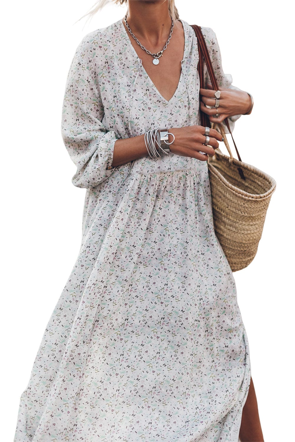 Multicolored Print V-Neck Flowy Split Sleeve Maxi Dress