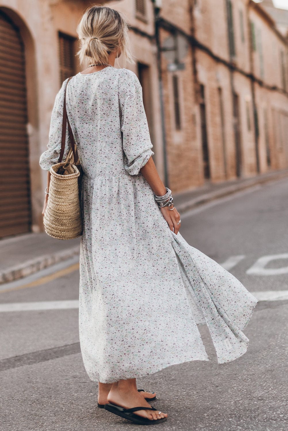 Multicolored Print V-Neck Flowy Split Sleeve Maxi Dress