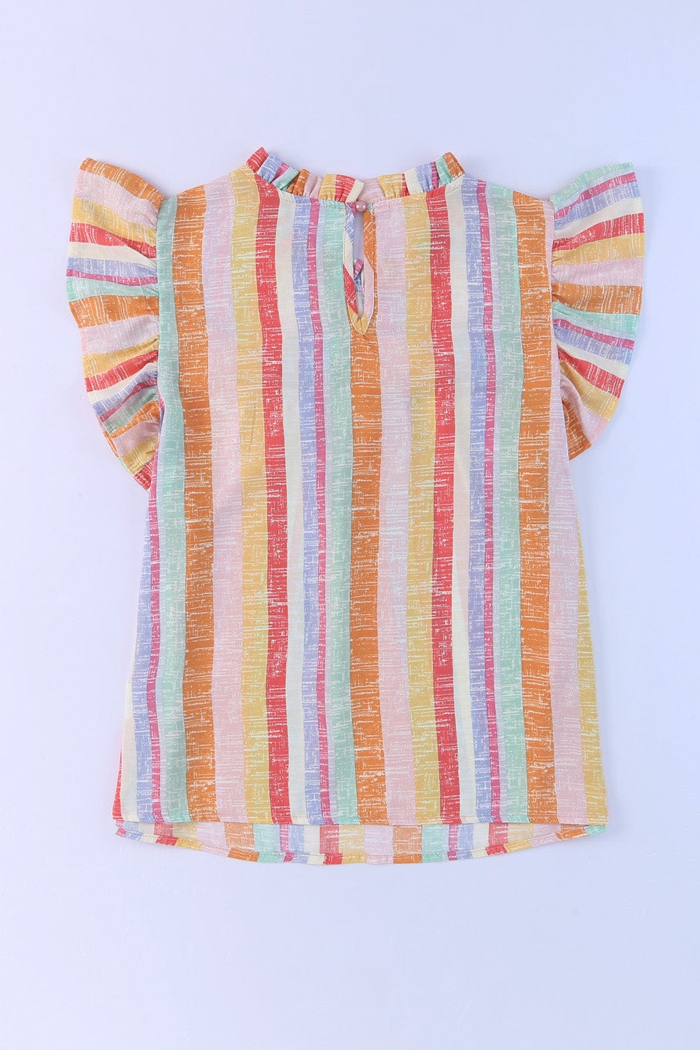 Multicolored Striped Color Block Ruffle Trim O-neck Sleeveless Blouse