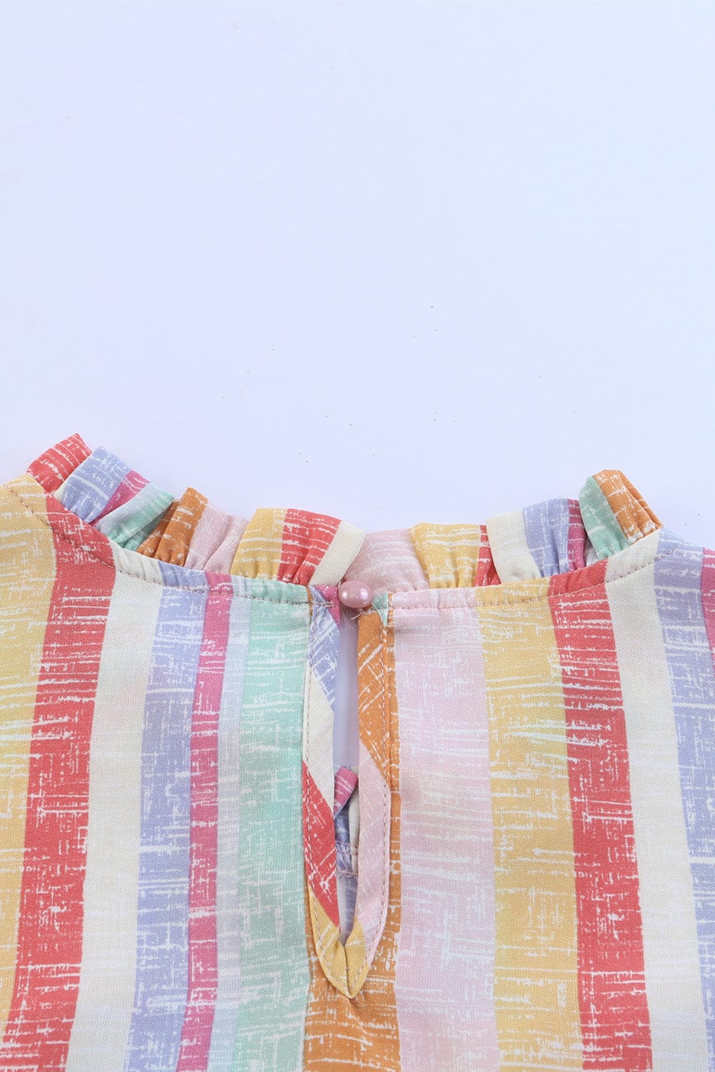 Multicolored Striped Color Block Ruffle Trim O-neck Sleeveless Blouse
