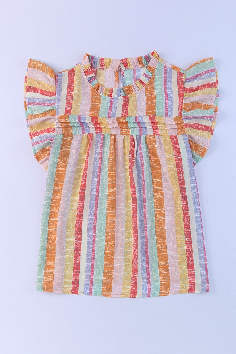 Multicolored Striped Color Block Ruffle Trim O-neck Sleeveless Blouse