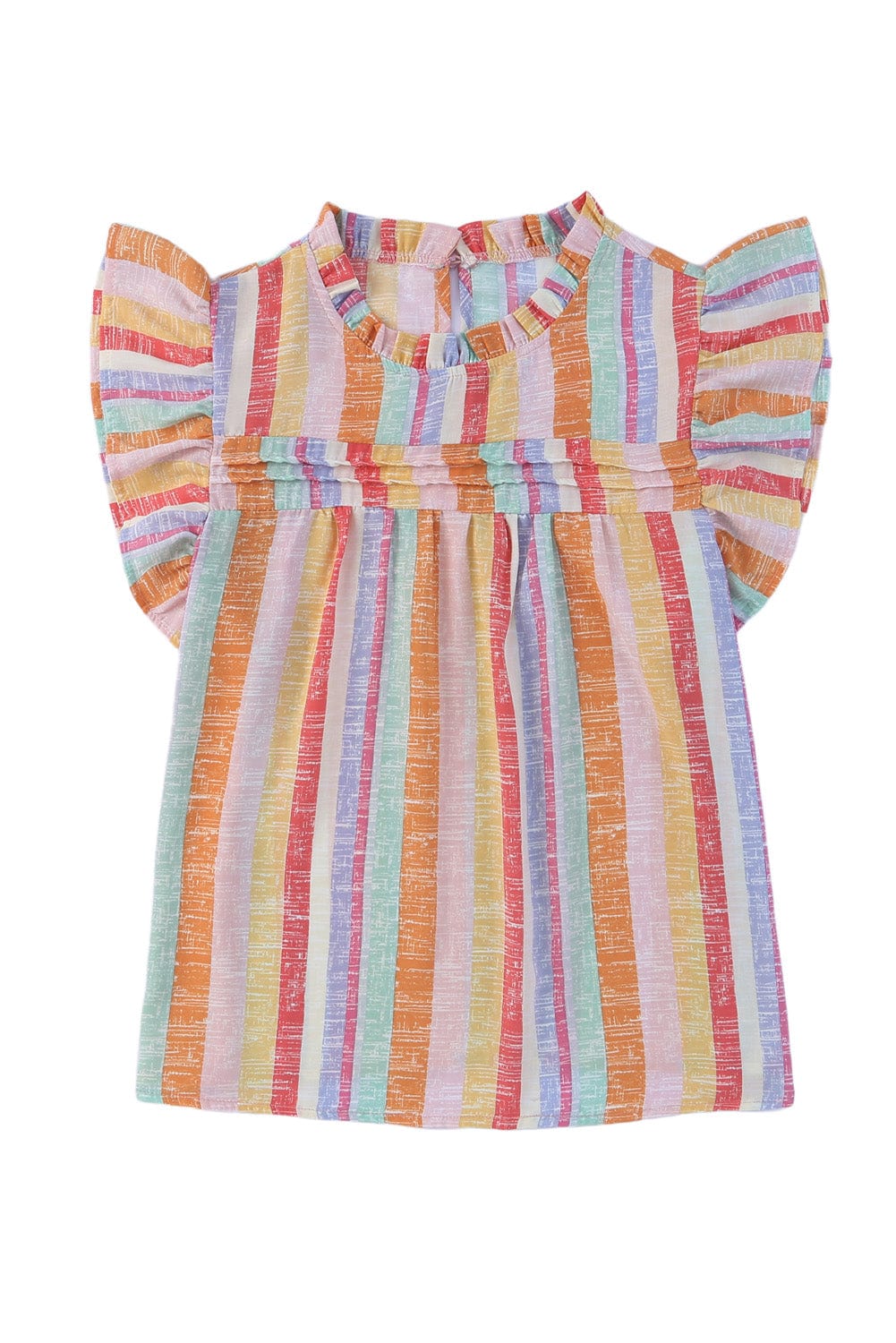 Multicolored Striped Color Block Ruffle Trim O-neck Sleeveless Blouse