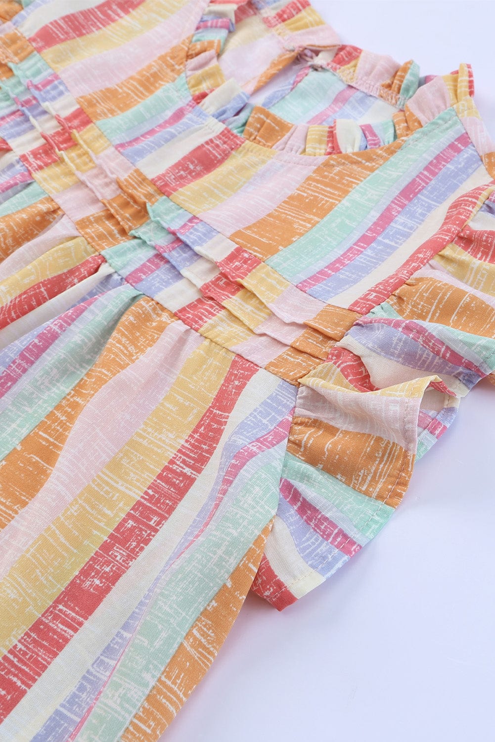 Multicolored Striped Color Block Ruffle Trim O-neck Sleeveless Blouse