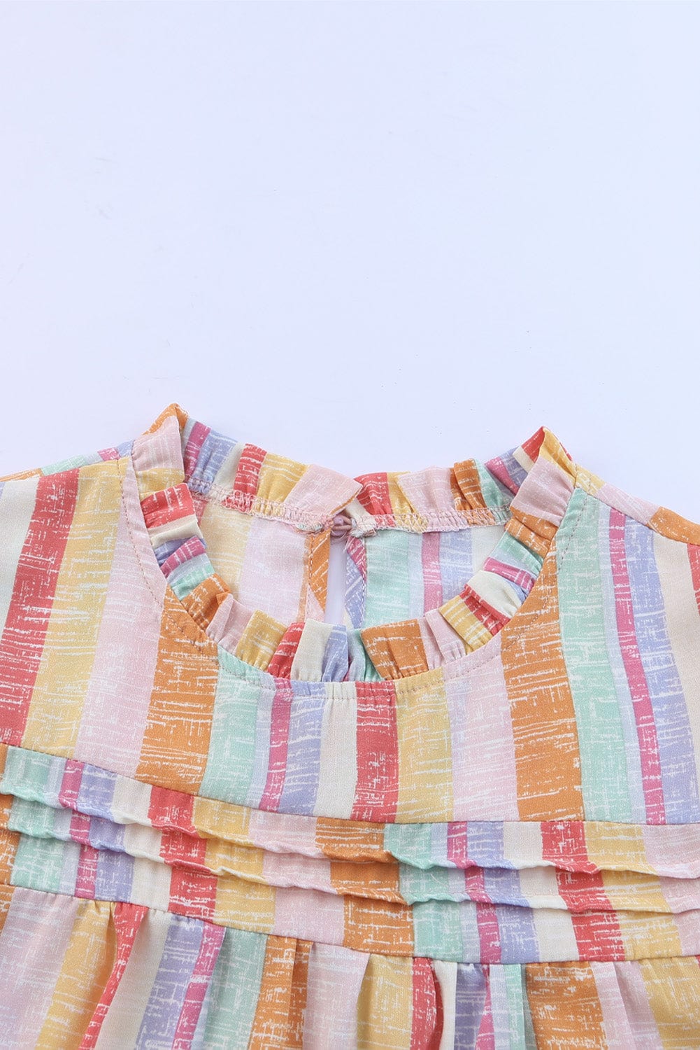 Multicolored Striped Color Block Ruffle Trim O-neck Sleeveless Blouse