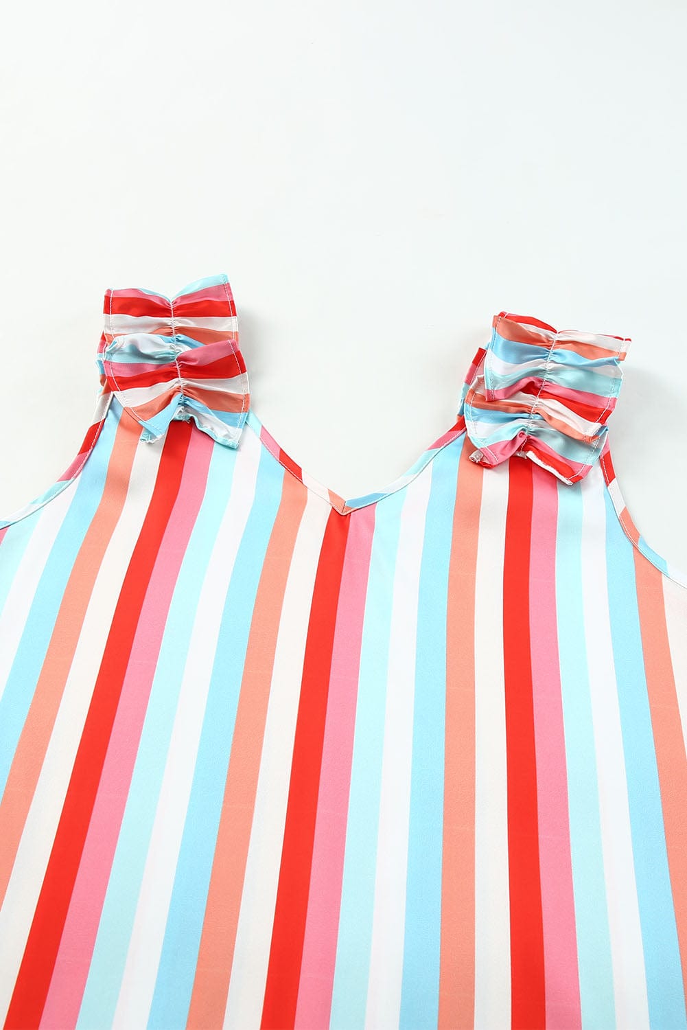 Multicolored Striped V-Neck Tank Top with Ruffle Straps