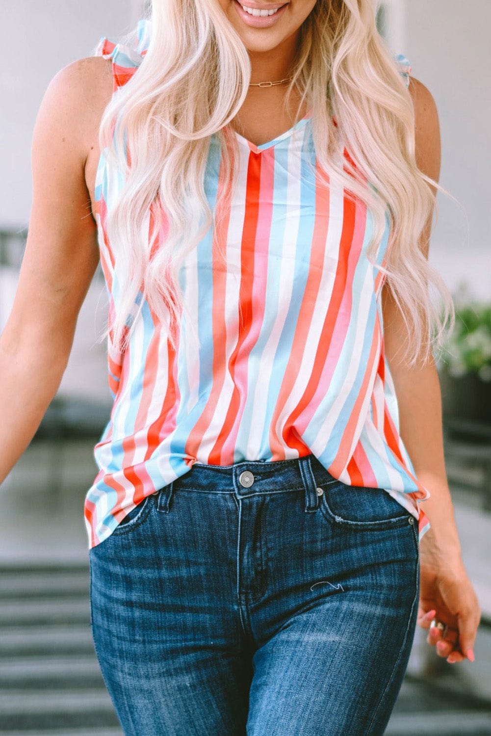 Multicolored Striped V-Neck Tank Top with Ruffle Straps