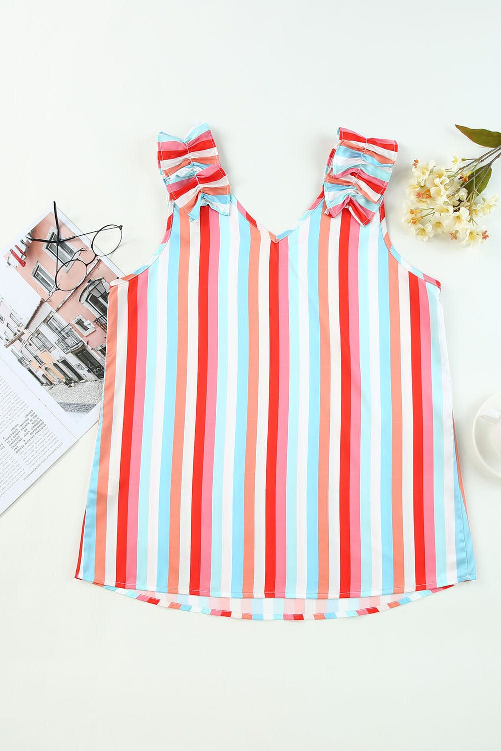 Multicolored Striped V-Neck Tank Top with Ruffle Straps