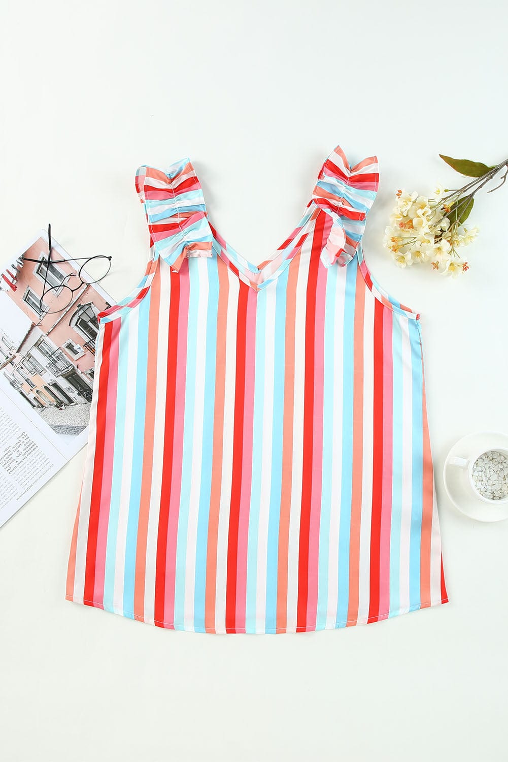 Multicolored Striped V-Neck Tank Top with Ruffle Straps