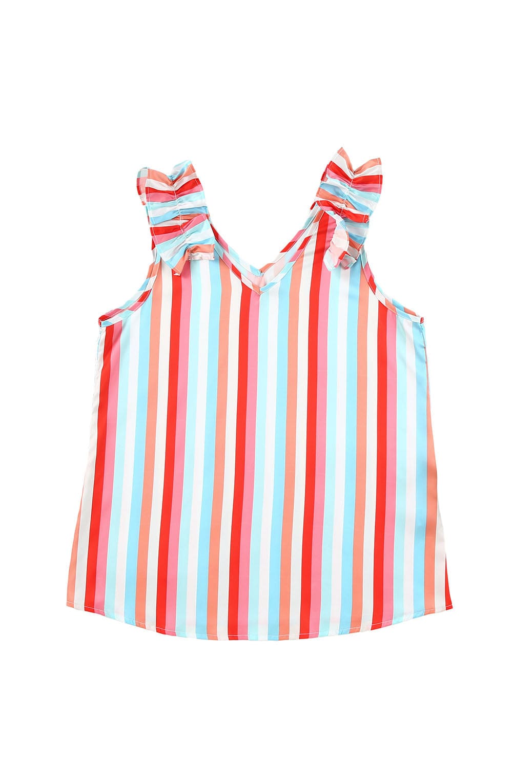 Multicolored Striped V-Neck Tank Top with Ruffle Straps