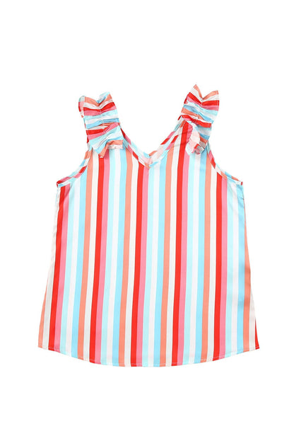 Multicolored Striped V-Neck Tank Top with Ruffle Straps