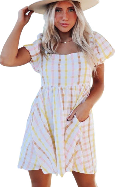Multicolour Plaid Print Puff Sleeve Skater Dress with Square Neck