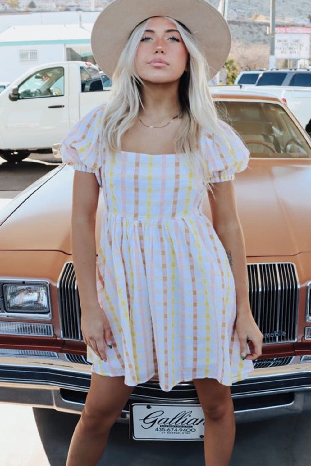 Multicolour Plaid Print Puff Sleeve Skater Dress with Square Neck