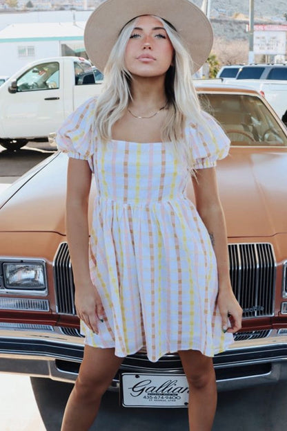 Multicolour Plaid Print Puff Sleeve Skater Dress with Square Neck