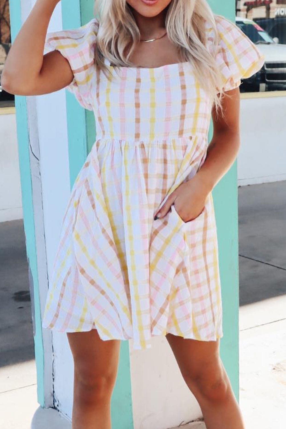 Multicolour Plaid Print Puff Sleeve Skater Dress with Square Neck
