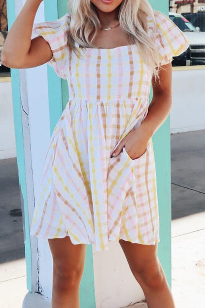 Multicolour Plaid Print Puff Sleeve Skater Dress with Square Neck