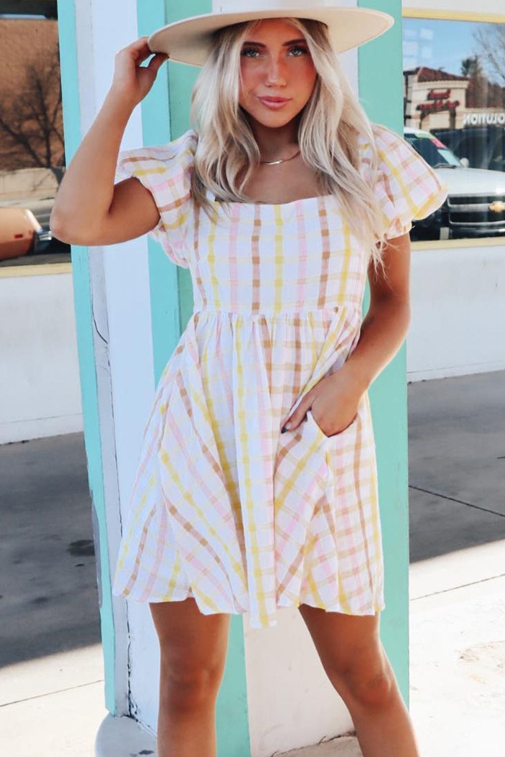 Multicolour Plaid Print Puff Sleeve Skater Dress with Square Neck