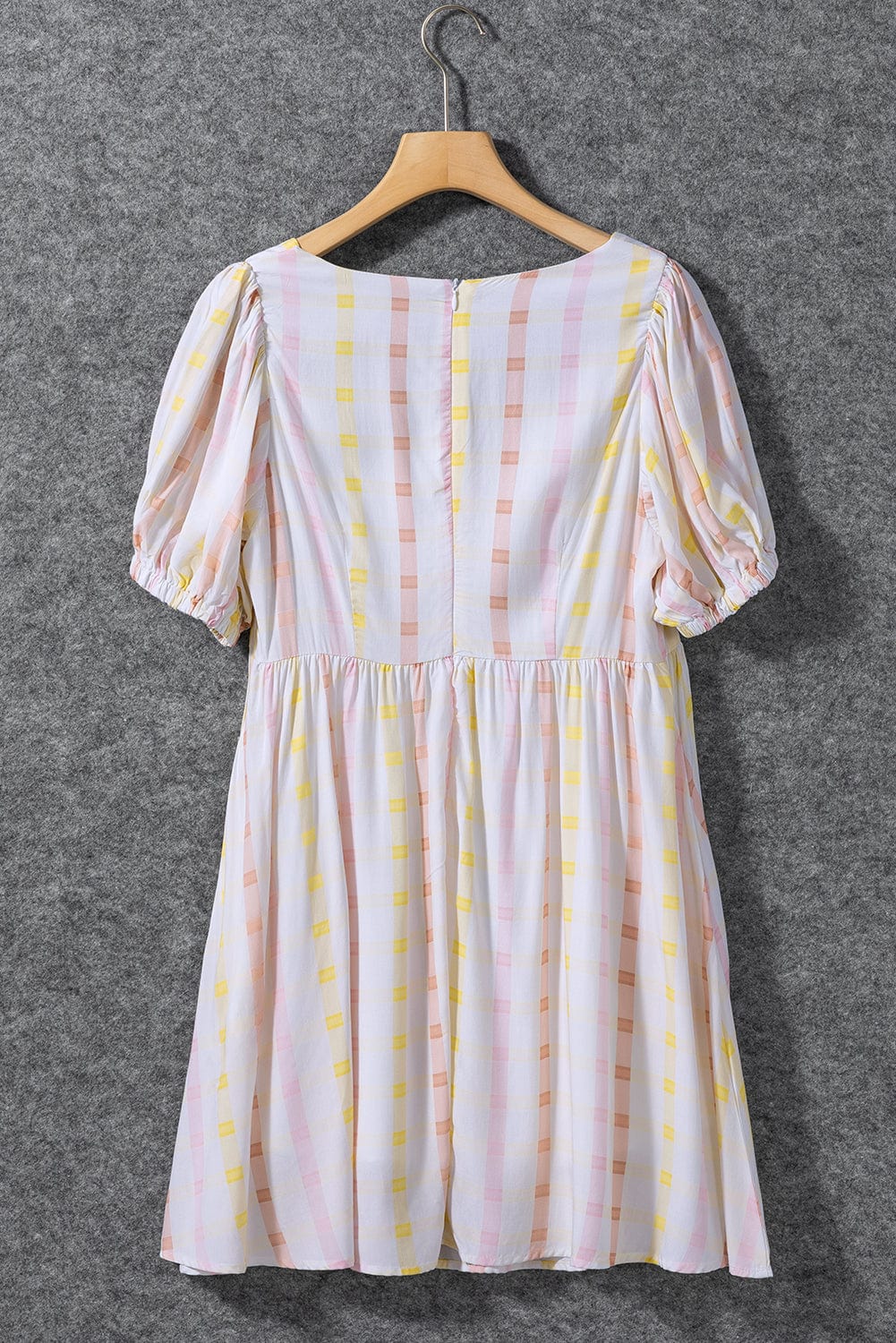 Multicolour Plaid Print Puff Sleeve Skater Dress with Square Neck