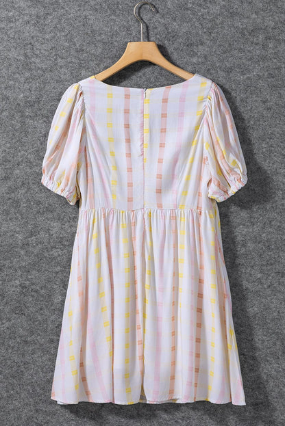 Multicolour Plaid Print Puff Sleeve Skater Dress with Square Neck