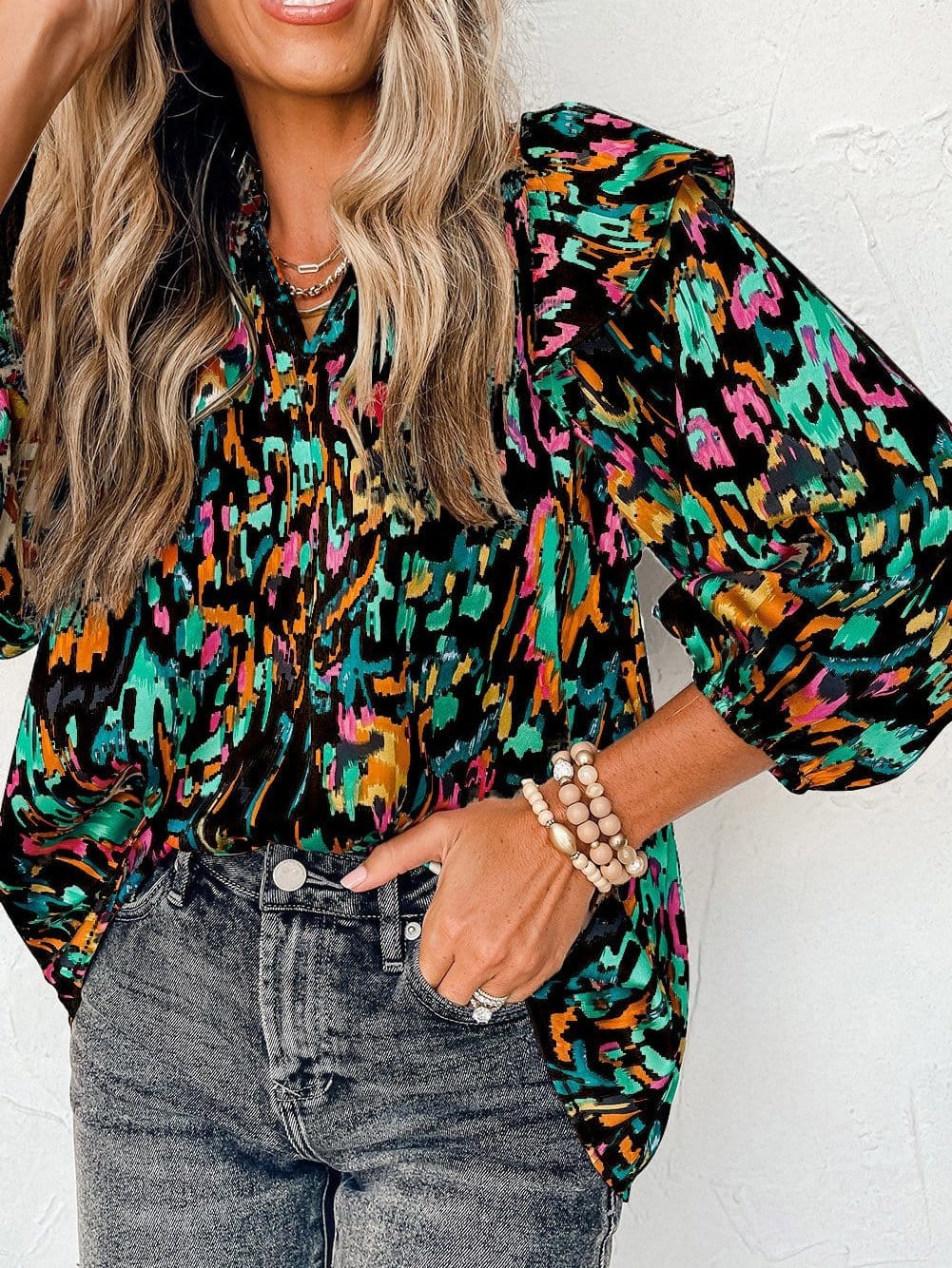 Multicolour Ruffle Sleeve Abstract Print Blouse