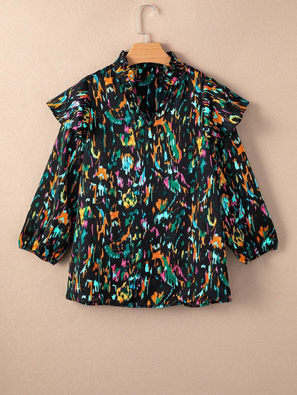 Multicolour Ruffle Sleeve Abstract Print Blouse