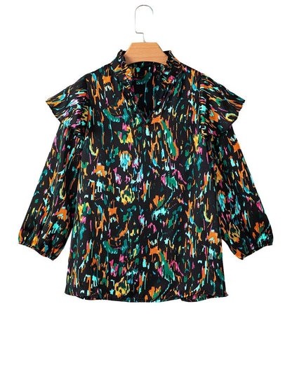 Multicolour Ruffle Sleeve Abstract Print Blouse