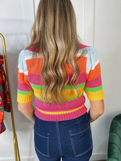 Multicolour Striped Cropped Sweater with Colorblock Detail