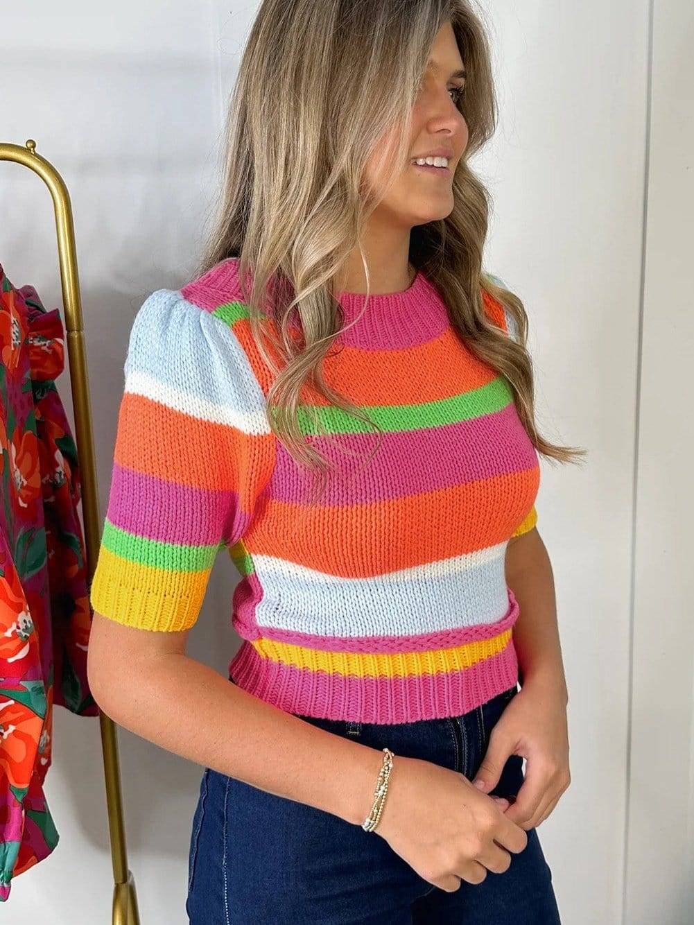 Multicolour Striped Cropped Sweater with Colorblock Detail