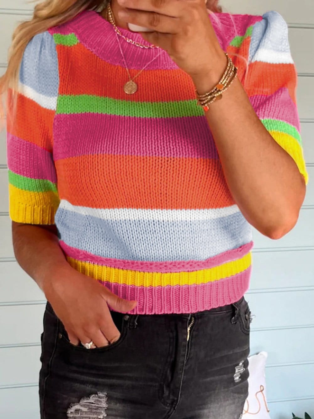 Multicolour Striped Cropped Sweater with Colorblock Detail