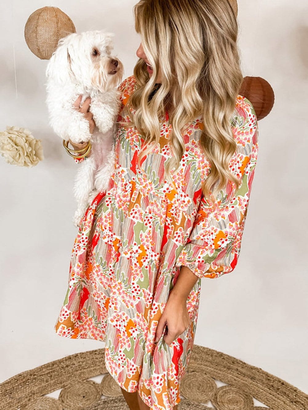 Multicolour V-Neck Lace Detail Summer Shift Dress