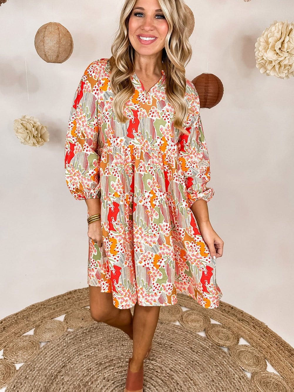 Multicolour V-Neck Lace Detail Summer Shift Dress