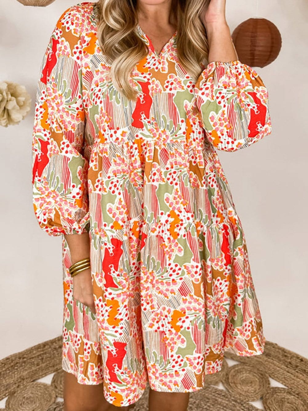 Multicolour V-Neck Lace Detail Summer Shift Dress