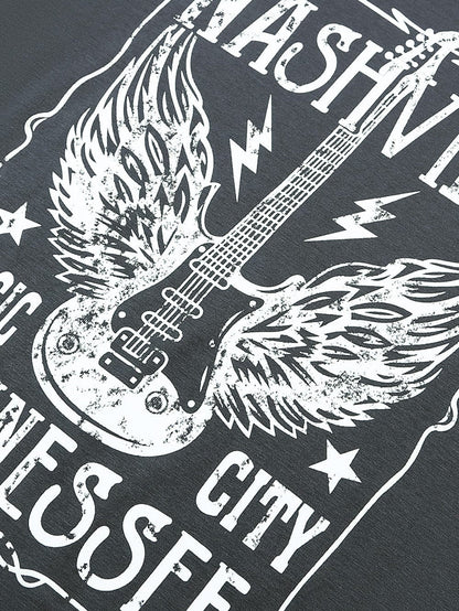 Musical Vibes Oversized Graphic Print Guitar Letter T-Shirt