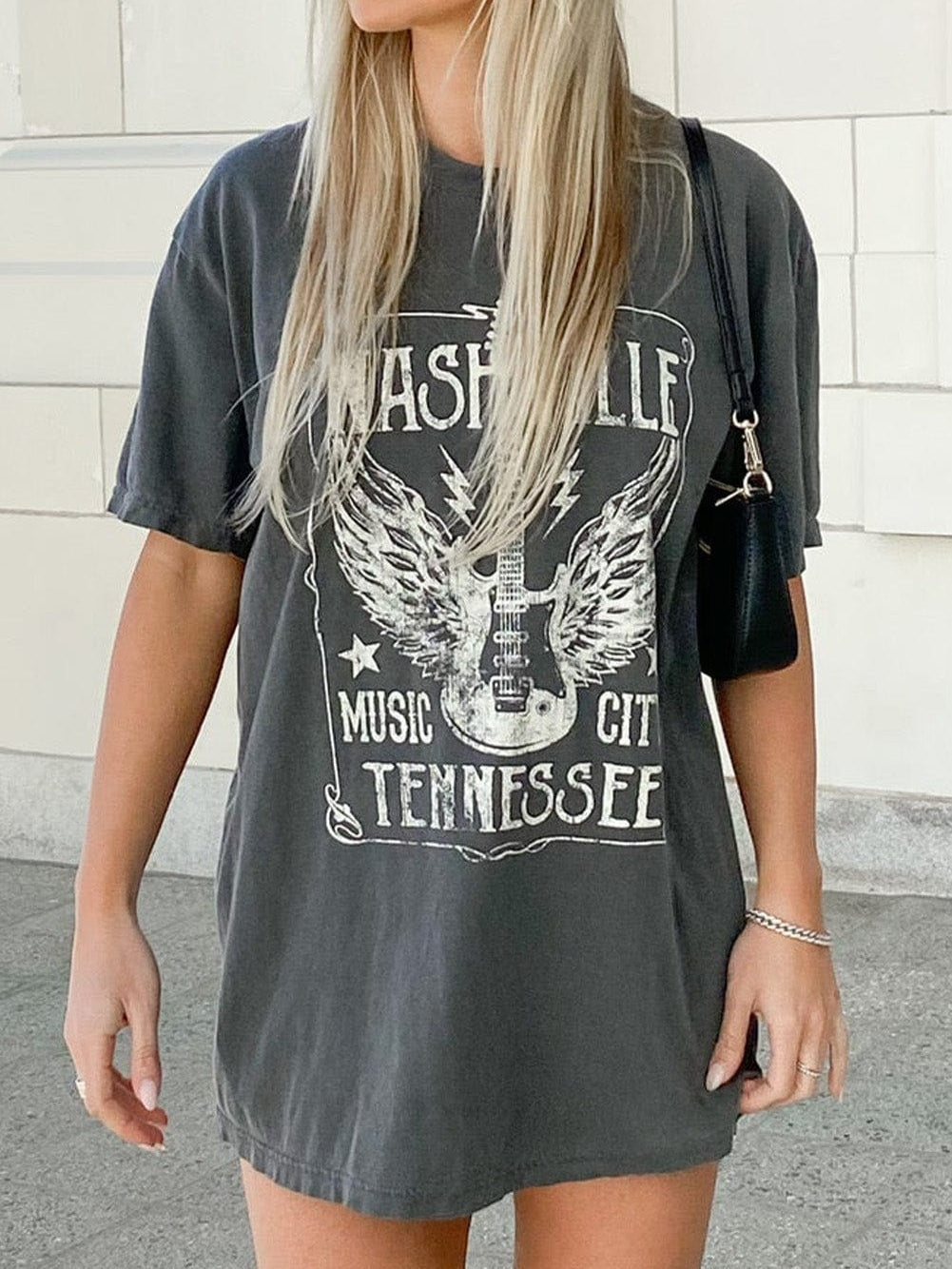 Musical Vibes Oversized Graphic Print Guitar Letter T-Shirt