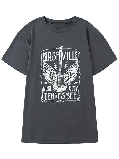 Musical Vibes Oversized Graphic Print Guitar Letter T-Shirt