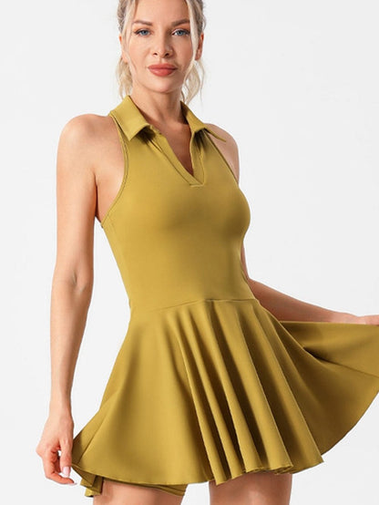 Mustard V Neck Sleeveless Active Pleated Dress