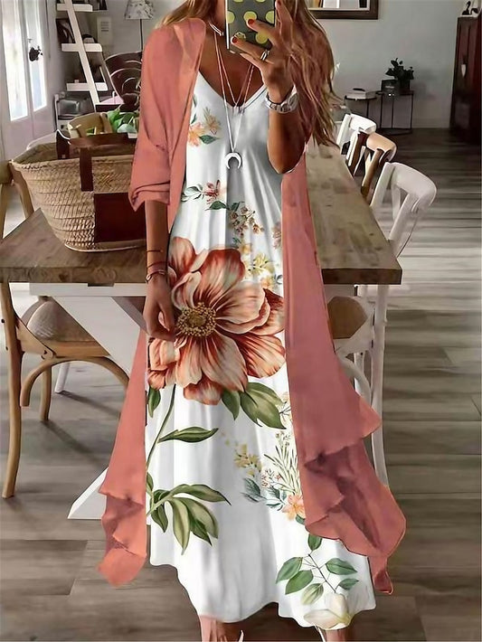 Women's Dress - Casual Dress Dress Set Two Piece Dress Long Dress Maxi Dress Light Green Pink Purple Long Sleeve Flower Print Summer Spring V Neck Fashion Loose Fit 2023 S M L XL XXL 3XL