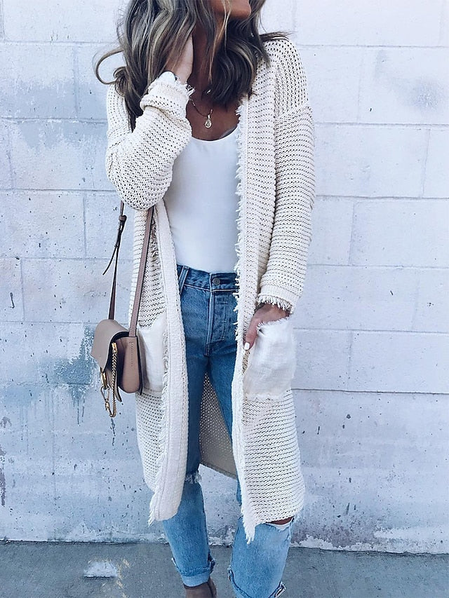 Women's Cardigan Sweater Open Front Ribbed Knit Polyester Pocket Summer Fall Long Outdoor Daily Going out Stylish Casual Soft Long Sleeve Solid Color White S M L